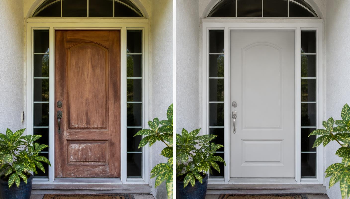 Before and after: a sun-faded stained wood front entry door with tarnished hardware on the left, and the same entryway with a new white fiberglass door and satin nickel handleset on the right.
