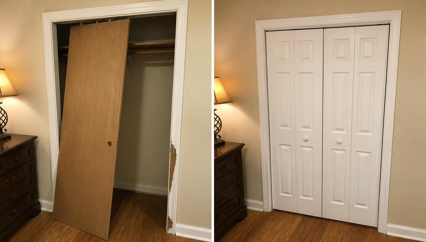 Before and after: a hollow-core closet door off its track leaning against a damaged jamb on the left, and the same closet with new white bi-fold doors hung square on the right.