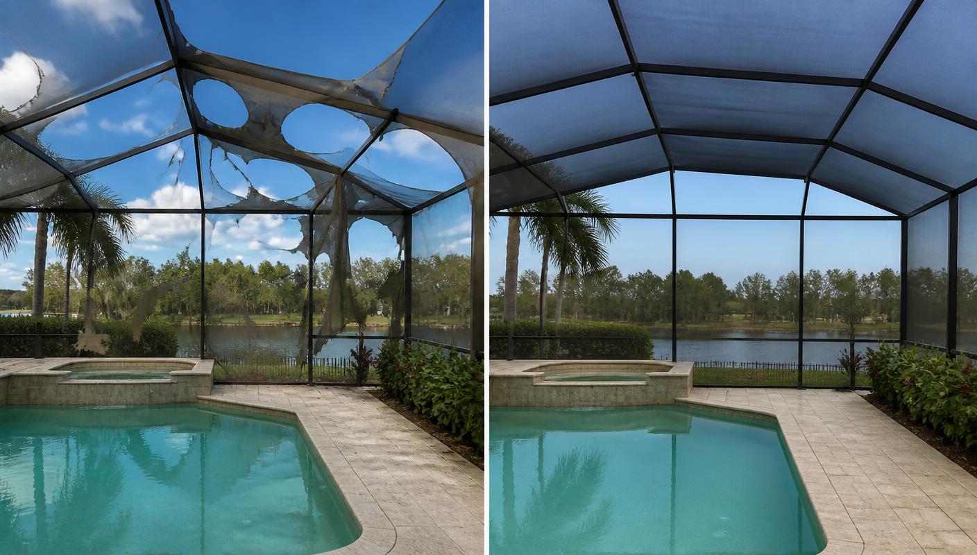 Before and after: a pool enclosure with torn, sagging screen panels on the left, and the same lanai with tight new charcoal screening installed on the right.
