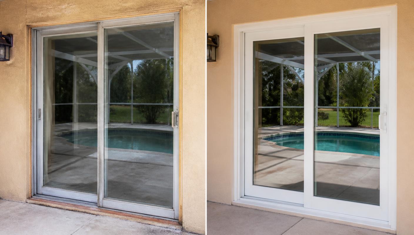 Before and after: a corroded aluminum sliding glass patio door with a worn track on the left, replaced by a new white sliding glass door overlooking the same screened pool deck on the right.
