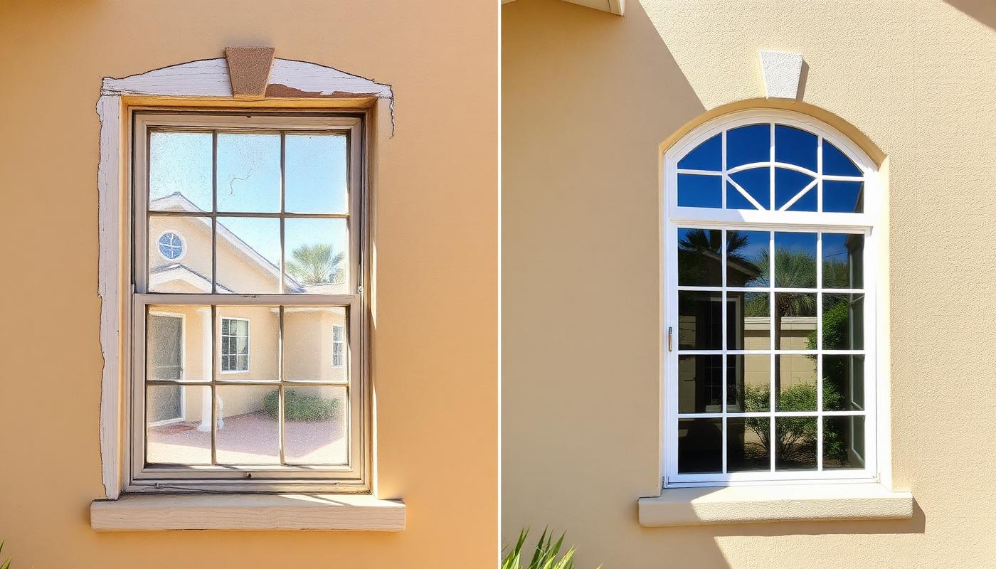 Before and after: a peeling wood-framed single-hung window with a cracked pane on the left, and the same opening fitted with a clean white energy-efficient window on the right.
