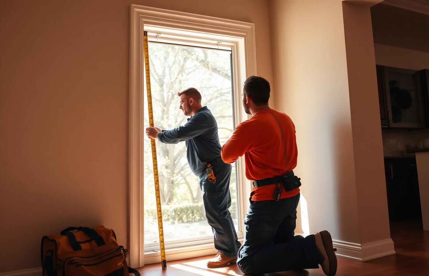 Two Dr Handyman Service technicians measuring a window opening with a tape measure inside a Palm Beach County home